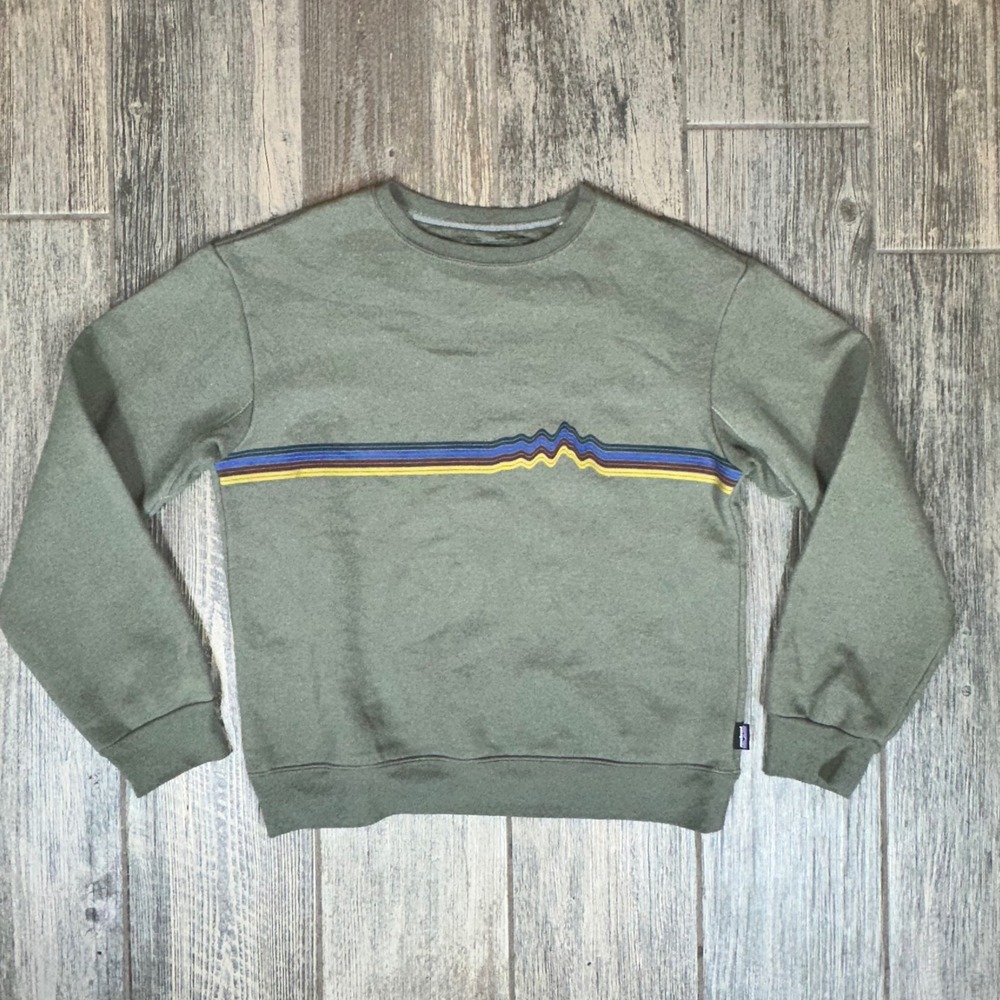 Patagonia Upcycle Crewneck Sweatshirt Women's Small Olive Green Stripe‎